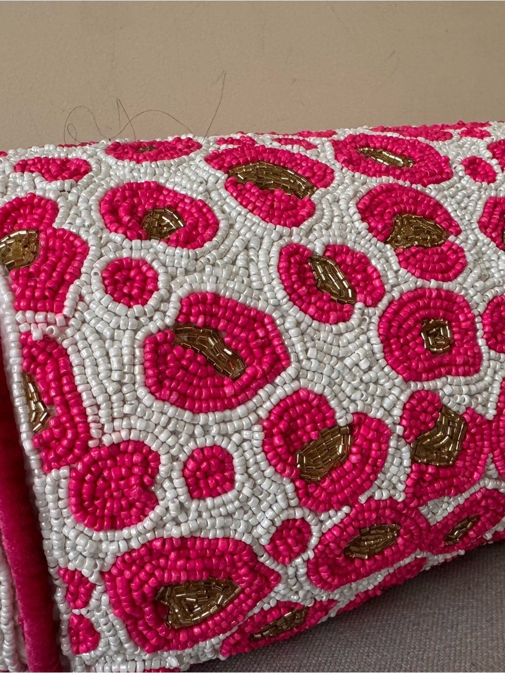Beaded Cylindrical pillow  Pink White Gold decorative  animal print - Picture 2 of 11